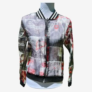 Blush bomber jacket M sheer pink black paris motif print zip